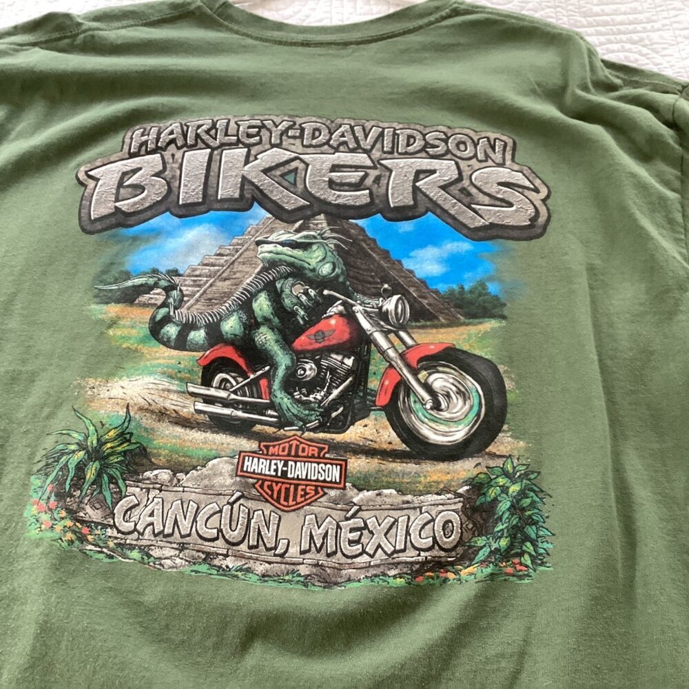 Harley Davidson Men's Green T-shirt Graphic Biker Long Sleeves L Cancun Mexico - Picture 10 of 14